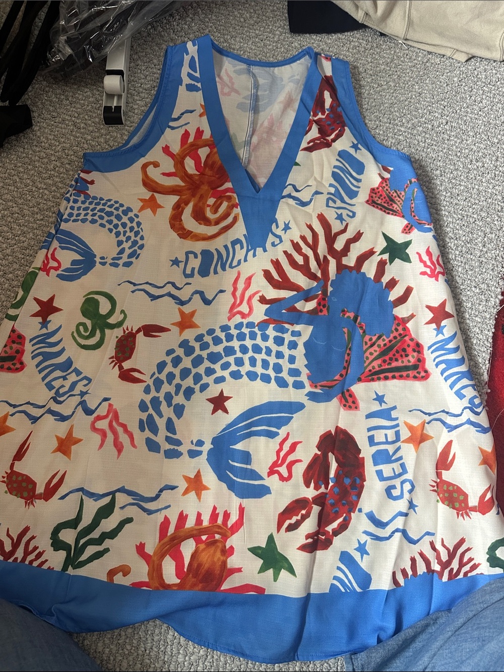 Woman blue  Trim Ocean Print V-Neck dress